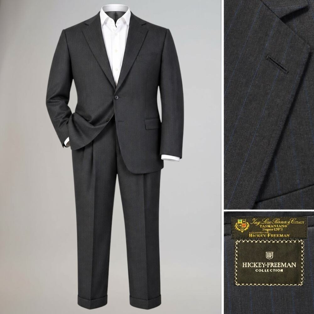 Loro Piana x Hickey Freeman S120s Suit 44L 36x30 Gray Electric Blue Stripe Note
